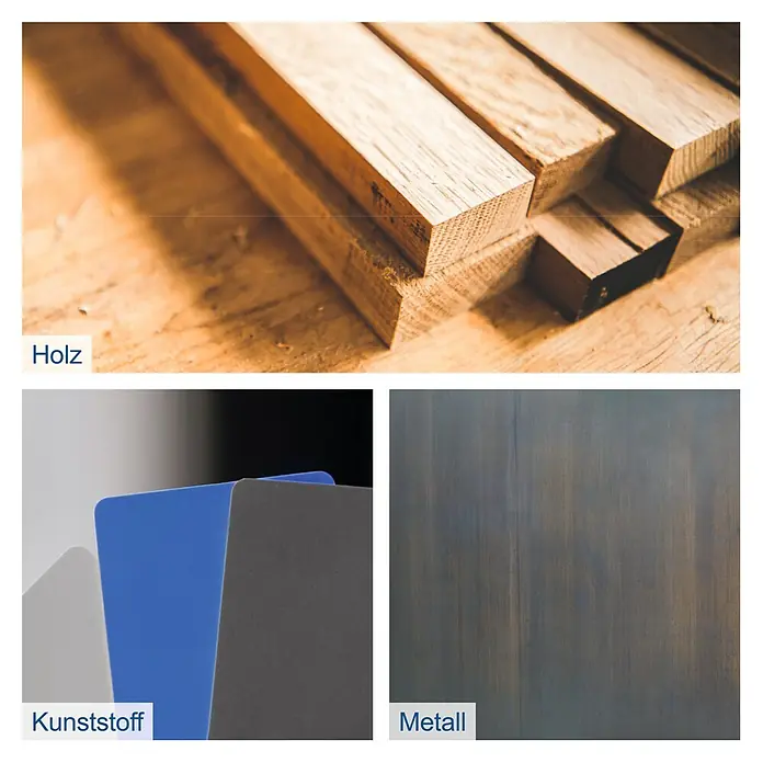 Scheppach Dekupiersäge SD 1600 V - 120 W - Materialübersicht: Holz, Kunststoff und Metall in verschiedenen Farben und Texturen für Design- und Konstruktionsanwendungen.