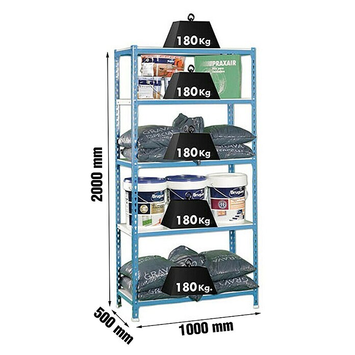 Simonrack Simonclick Estantería metálica Plus (Al x An x Pr: 200 x 100 x 50 cm, Número de baldas: 5 ud., Capacidad de carga por balda: 180 kg, Inserción, Azul/Blanco) | BAUHAUS