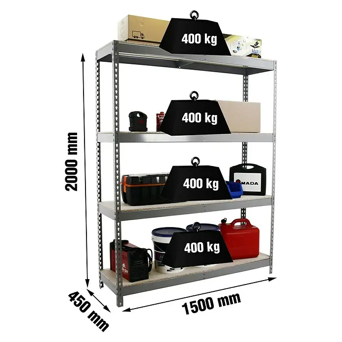 Simonrack Simontaller Estantería para cargas pesadas Chipboard - Al x An x Pr: 200 x 150 x 45 cm, Número de baldas: 4 ud., Capacidad de carga por balda: 400 kg, Inserción, Gris grafito - Estantería de cuatro niveles con una capacidad de carga de 400 kg por nivel, perfecta para la organización de talleres y almacenes.