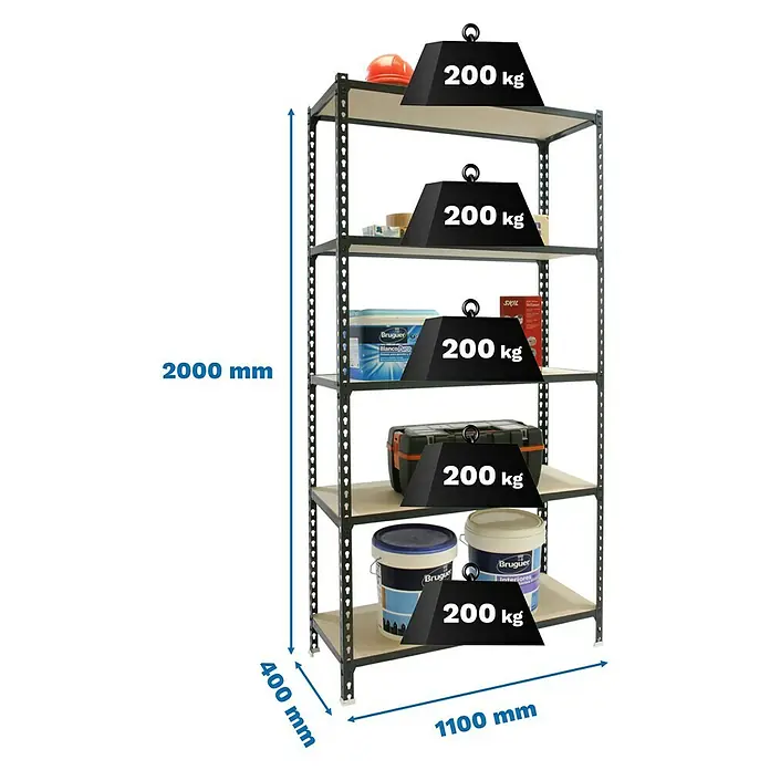 Simonrack Maderclick Estantería metálica Superplus - Al x An x Pr: 200 x 110 x 40 cm, Número de baldas: 5 ud., Capacidad de carga por balda: 200 kg, Inserción, Gris antracita - Un estante de cinco niveles cargado con varios artículos, con una capacidad de carga de 200 kg por estante, ofreciendo una solución de almacenamiento resistente.