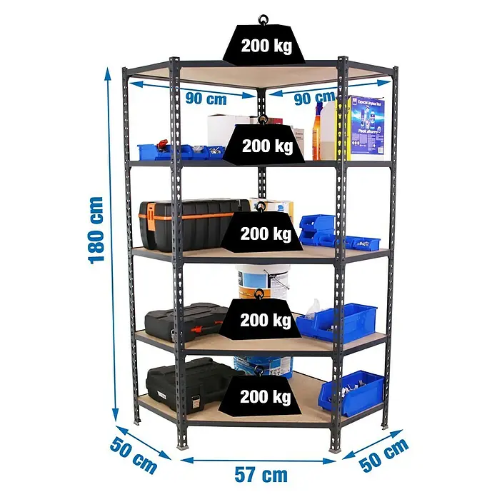 Simonrack Simonclick Estantería esquinera Corner - Al x An x Pr: 180 x 90 x 50 cm, Número de baldas: 5 ud., Capacidad de carga por balda: 200 kg, Inserción, Antracita - Imagen de una estantería esquinera robusta de cinco niveles, perfecta para guardar herramientas y objetos pesados hasta 200 kg por nivel.