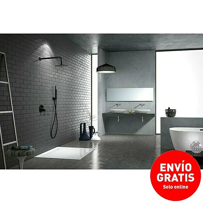 Imex Milos Sistema de ducha empotrado - Con grifo monomando, Negro - Elegante interior de baño con ducha moderna, lavabo y bañera independiente con un diseño elegante.