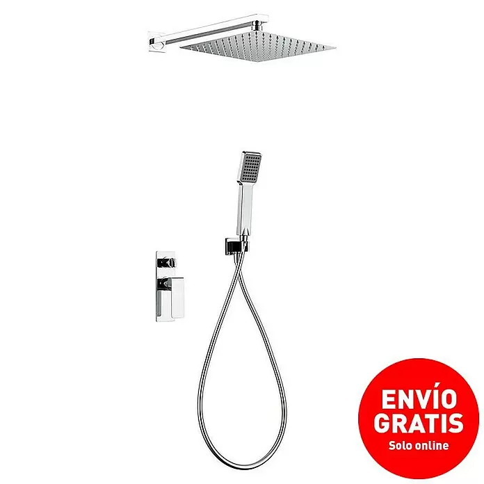 Imex Fiyi Sistema de ducha empotrado - Cromo - Sistema de ducha cromado con rociador cuadrado, monomando de pared y ducha de mano con flexo.