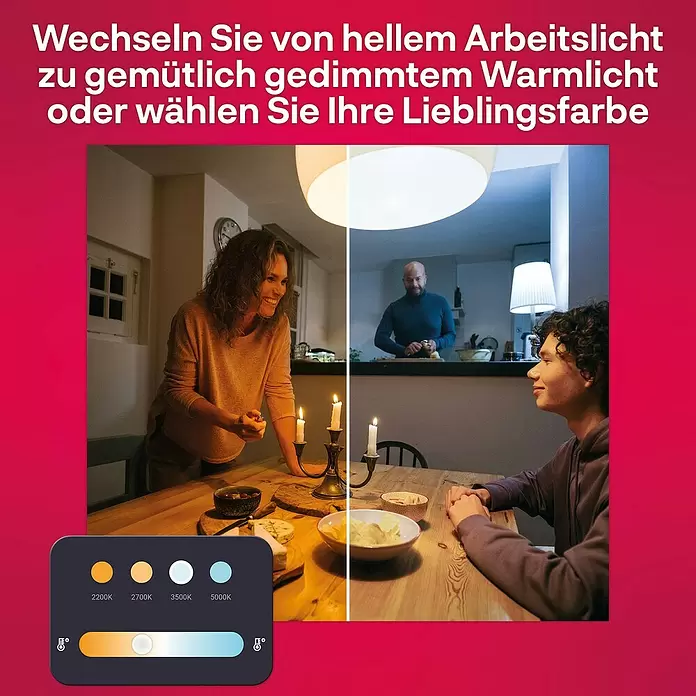 Innr Lighting Dimm- & Schaltcontroller Remote kabellose Steuerung - Weiß - Geteiltes Bild zeigt Raum mit warmem, gedimmtem Smart-Licht und hellem, kühlem Licht. Einstellbar von 2200K bis 5000K über UI-Steuerung.