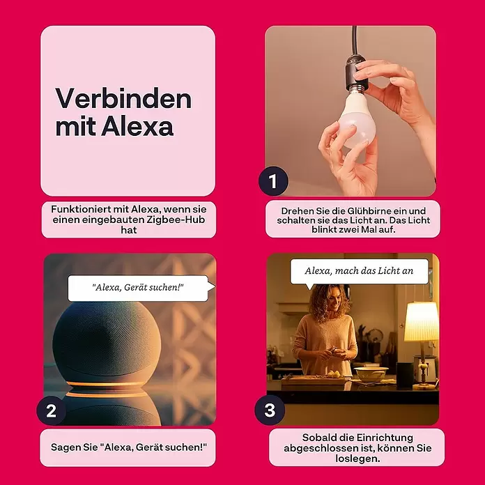 Innr Lighting Smart-LED-Lampe Bulb White - E27, Dimmbar, Neutralweiß, 1.150 lm, 10,4 W, 4 Stk. - Schritt-für-Schritt-Anleitung zur Verbindung und Steuerung einer intelligenten Glühbirne mit einem Alexa-Gerät.