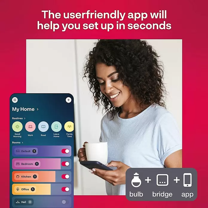 Innr Lighting LED-Einbauleuchte rund Erweiterung - Ø x H: 8,6 x 2,5 cm, 1 Stk., Warmweiß - Lächelnde Frau nutzt Smartphone mit Smart-Home-App. Überschrift: „The userfriendly app...“. Symbole: Glühbirne, Bridge, App.