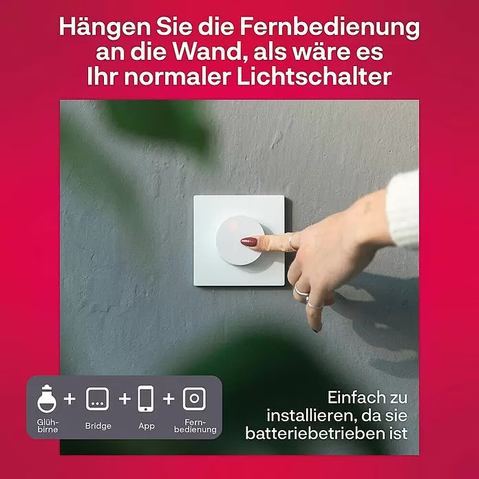 Innr Lighting Dimmcontroller Button kabellose Steuerung - Weiß - Weiße, an der Wand montierte Fernbedienung, die wie ein Lichtschalter aussieht, wird von einer Hand bedient. Einfache Installation.