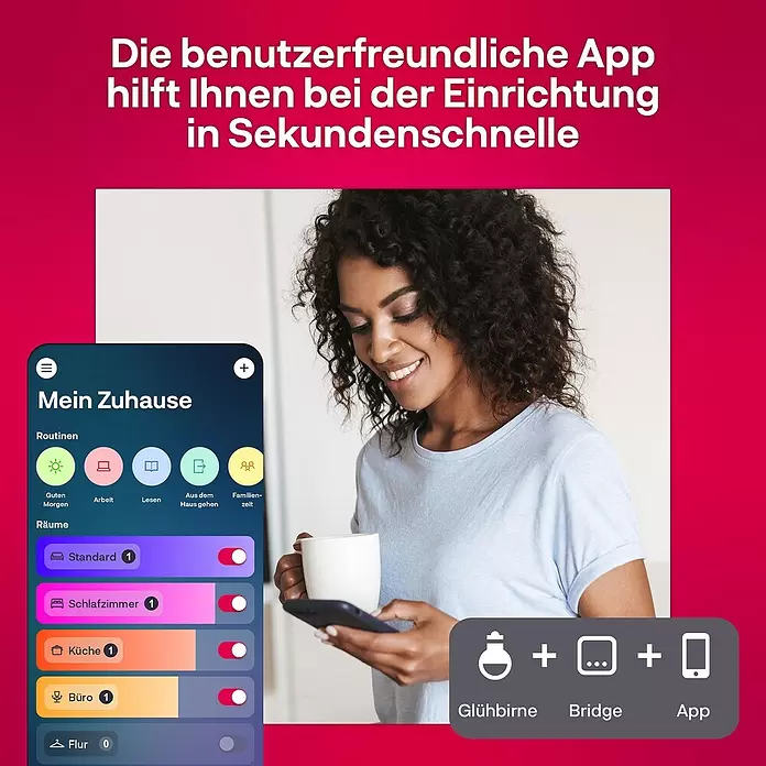 Innr Lighting Smart-LED-Lampe Candle Colour - E14, Dimmbar, RGBW, 465 lm, 4,9 W, 1 Stk. - Benutzerfreundliche App zur Smart-Home-Einrichtung mit Routinen- und Raumsteuerung, Symbolen für Glühbirne, Bridge, App. Lächelnde Frau nutzt Smartphone.