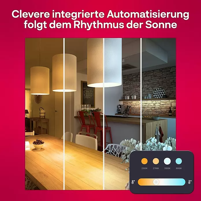 Innr Lighting Smart-LED-Lampe Candle Colour - E14, Dimmbar, RGBW, 465 lm, 4,9 W, 1 Stk. - Ein Raum mit intelligenter Beleuchtung, die den Übergang von warmen (2200K) zu kühlen (5000K) Farbtemperaturen zeigt, mit überlagertem Lichtsteuerpanel.