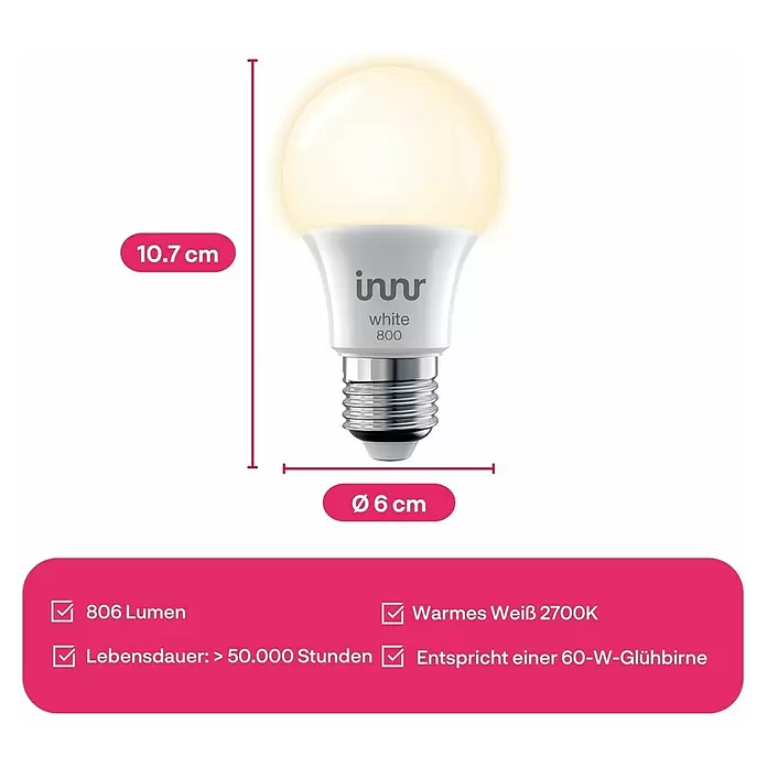 Innr Lighting Smart-LED-Lampe Bulb White - E27, Dimmbar, Neutralweiß, 806 lm, 10,4 W, 2 Stk. - Weiße Innr Smart-LED-Glühbirne mit leuchtendem Licht, Maßen (10,7 cm H, 6 cm Ø) und Spezifikationen (806 Lumen, 2700K warmweiß, >50.000 Stunden).