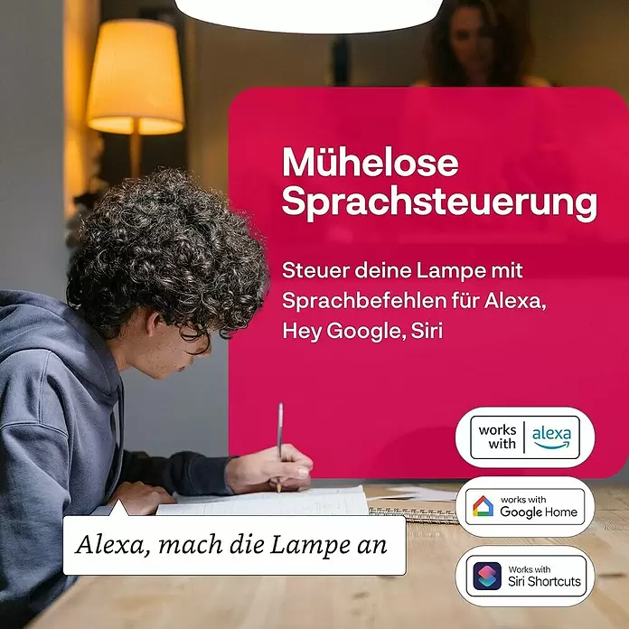 Innr Lighting Smart-LED-Lampe Bulb White - E27, Dimmbar, Neutralweiß, 1.150 lm, 10,4 W, 4 Stk. - Text bewirbt mühelose Sprachsteuerung für Smart-Lampen mit Alexa, Google und Siri, gezeigt beim Lernen.