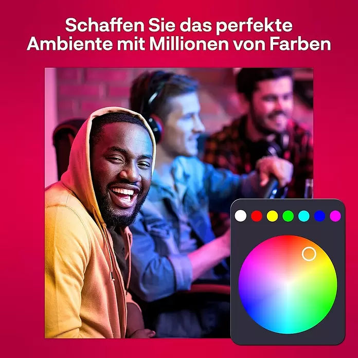 Innr Lighting Smart-LED-Lampe Candle Colour - E14, Dimmbar, RGBW, 465 lm, 4,9 W, 1 Stk. - Drei Personen in einem Raum mit lebendiger, anpassbarer Beleuchtung, gesteuert über eine Farbwahl-Oberfläche.