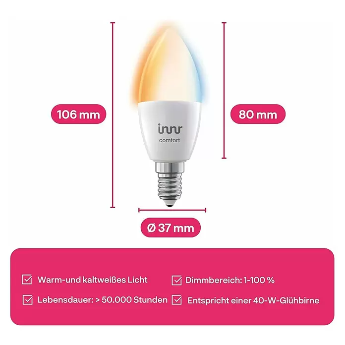 Innr Lighting Smart-LED-Lampe Candle Comfort - E14, Dimmbar, Kaltweiß, 520 lm, 4,6 W, 2 Stk. - innr comfort smarte LED-Kerzenlampe (106x37mm) mit E14-Sockel, warm-/kaltweißes Licht, 1-100% dimmbar, >50.000h Lebensdauer, 40W-Äquivalent.