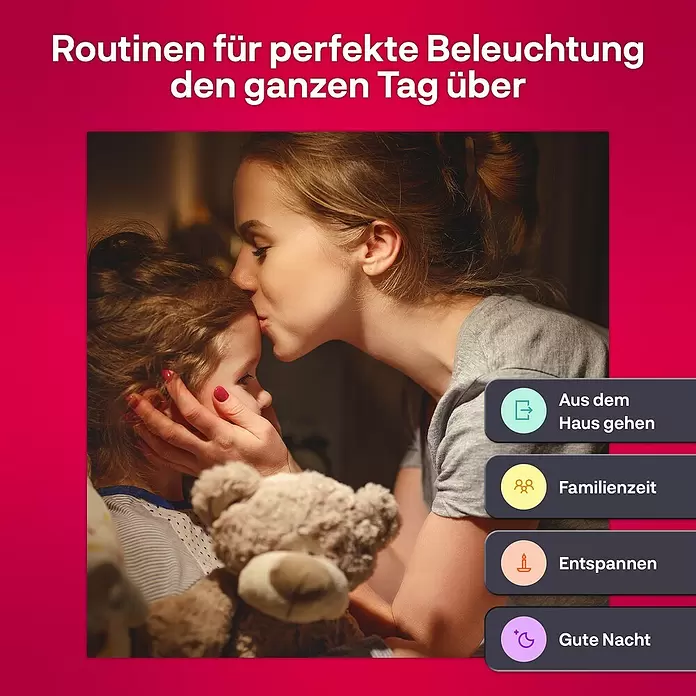 Innr Lighting Smart-LED-Lampe Candle Colour - E14, Dimmbar, RGBW, 465 lm, 4,9 W, 1 Stk. - Beleuchtungsroutinen für den Tag, dargestellt durch eine Mutter, die ihr Kind küsst, und Funktions-Buttons wie 'Aus dem Haus gehen', 'Familienzeit', 'Entspannen', 'Gute Nacht'.