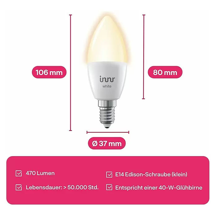 Innr Lighting Smart-LED-Lampe Candle White - E14, Dimmbar, Neutralweiß, 470 lm, 4,6 W, 1 Stk. - Weiße Innr E14 Kerzen-LED-Lampe, 106 mm lang, Ø37 mm, 470 Lumen (entspricht 40 W), >50.000 Std. Lebensdauer.