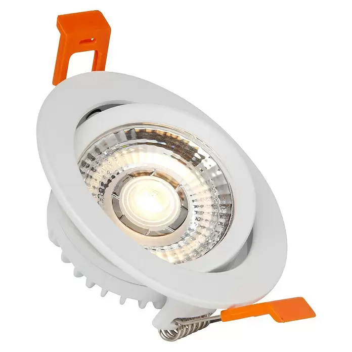 Innr Lighting LED-Einbauleuchte rund Erweiterung - Ø x H: 8,6 x 2,5 cm, 1 Stk., Warmweiß - Weißer LED-Einbaustrahler mit leuchtender Birne und orangefarbenen Montageclips.