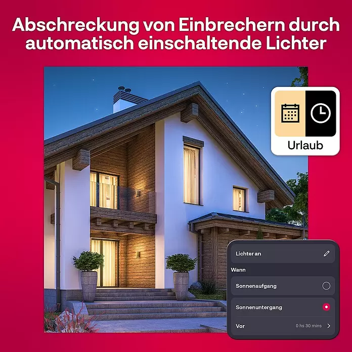 Innr Lighting Smart-LED-Lampe Candle Colour - E14, Dimmbar, RGBW, 465 lm, 4,9 W, 1 Stk. - Ein modernes Haus in der Dämmerung mit automatisch schaltenden Lichtern, gesteuert per Smart-Home-App zur Abschreckung von Einbrechern im Urlaub.