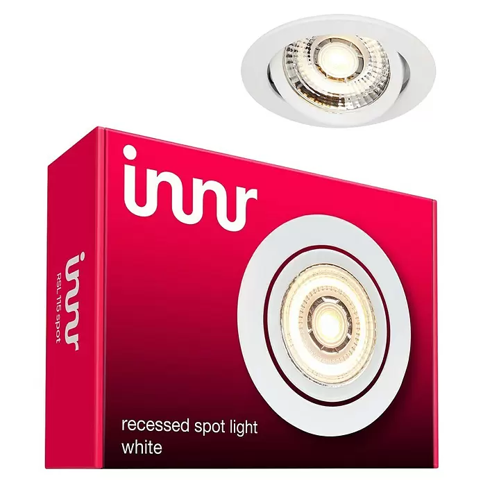 Innr Lighting LED-Einbauleuchte rund Erweiterung - Ø x H: 8,6 x 2,5 cm, 1 Stk., Warmweiß - Weißer Innr Einbaustrahler mit heller LED und magenta Produktverpackung.