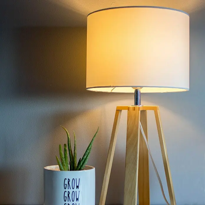 Innr Lighting Smart-LED-Lampe Candle Colour - E14, Dimmbar, RGBW, 465 lm, 4,9 W, 1 Stk. - Nahaufnahme einer beleuchteten Stehlampe mit Holzfuß neben einer Topfpflanze.