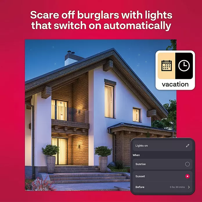 Innr Lighting LED-Einbauleuchte rund Erweiterung - Ø x H: 8,6 x 2,5 cm, 1 Stk., Warmweiß - Eine Smart-Home-App schaltet Hauslichter bei Sonnenuntergang automatisch ein, um Einbrecher im Urlaub abzuschrecken. Das Haus wirkt bewohnt.