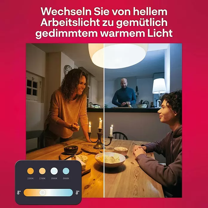 Innr Lighting Dimmcontroller Button kabellose Steuerung - Weiß - Geteiltes Bild: Helleres Arbeitslicht rechts, gedimmtes, warmes Licht links für Gemütlichkeit. Farbtemperatur-Schieberegler gezeigt.