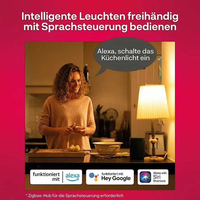 Innr Lighting Smart-LED-Lampe Bulb Colour - E27, Dimmbar, RGBW, 806 lm, 8,5 W, 1 Stk. - Intelligente Leuchten, die per Sprachsteuerung bedient werden können, gezeigt im Küchendesign mit Sprachassistenten wie Alexa, Google und Siri.