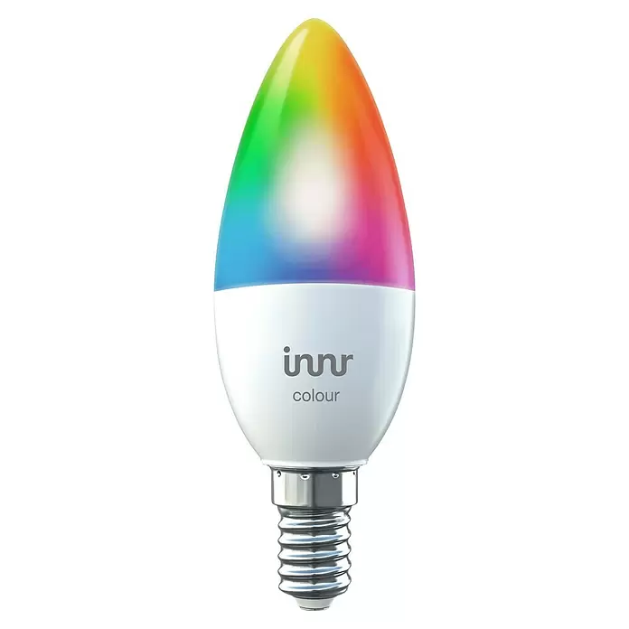 Innr Lighting Smart-LED-Lampe Candle Colour - E14, Dimmbar, RGBW, 465 lm, 4,9 W, 1 Stk. - Kerzenförmige smarte LED-Birne mit Regenbogen-Farbverlauf oben, weißem Sockel mit 'innr colour' Logo und silbernem E14-Schraubsockel.