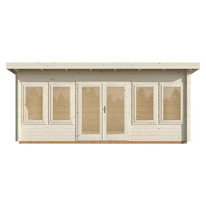 Palmako Caseta de jardín Lisa - Medidas ext. (An x Pr): 578 x 447 cm, Madera, Natural - Caseta de jardín de madera clara con puerta doble, cuatro ventanas y tejado saliente.