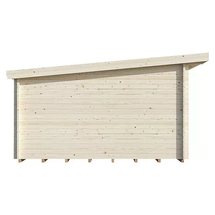 Palmako Caseta de jardín Lisa - Medidas ext. (An x Pr): 578 x 447 cm, Madera, Natural - Caseta de madera clara con techo inclinado y estructura de tablas horizontales.