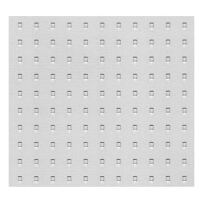 Kunstglas Owocor - 50 cm x 100 cm x 2,5 mm, Carree, Klar, Polystyrol - Nahaufnahme eines perforierten, weißen Akustikpaneels, das eine gleichmäßige Textur und Schallabsorption zeigt.
