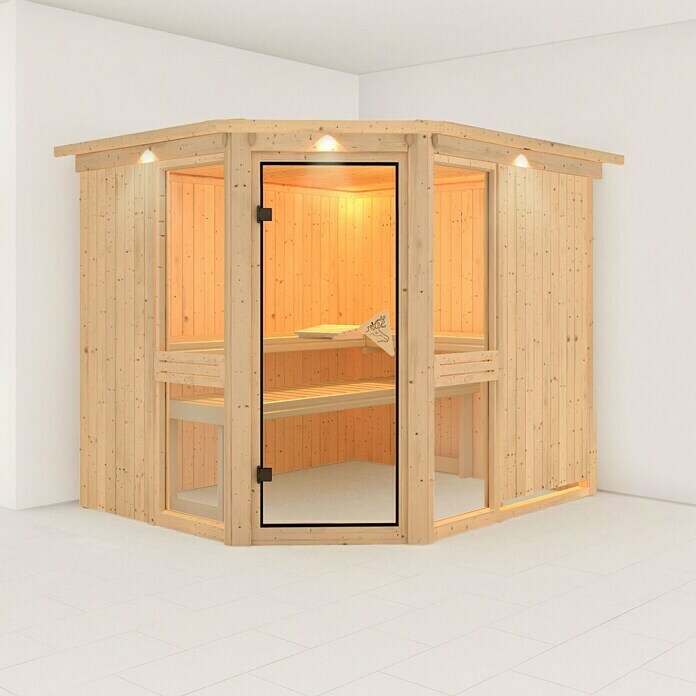 Karibu Elementsauna Amelia 3 (Ohne Ofen, Mit Dachkranz und Beleuchtung, L x B x H: 245 x 210 x 192 cm)