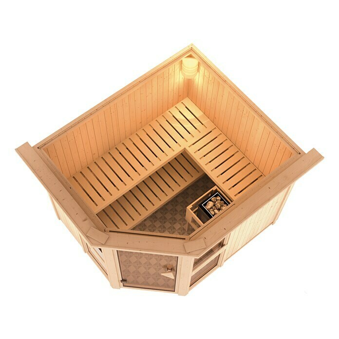 Karibu Systemsauna Amelia 3 (Mit Saunaofen 9 kW inkl. Steuerung Easy, Mit Dachkranz und Beleuchtung, 196 x 231 x 198 cm)