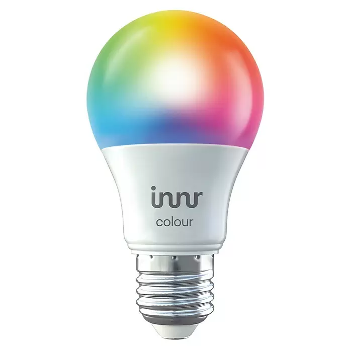 Innr Lighting Smart-LED-Lampe Bulb Colour - E27, Dimmbar, RGBW, 806 lm, 8,5 W, 1 Stk. - Bunte smarte LED-Glühbirne mit weißem Sockel, 'innr colour' Logo und metallischem Schraubgewinde.