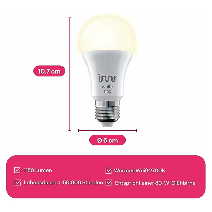Innr Lighting Smart-LED-Lampe Bulb White - E27, Dimmbar, Neutralweiß, 1.150 lm, 10,4 W, 4 Stk. - Weiße Innr 1100 Smart LED-Lampe, 10,7 cm hoch und 6 cm breit, mit Metallsockel und warmweißem Licht.
