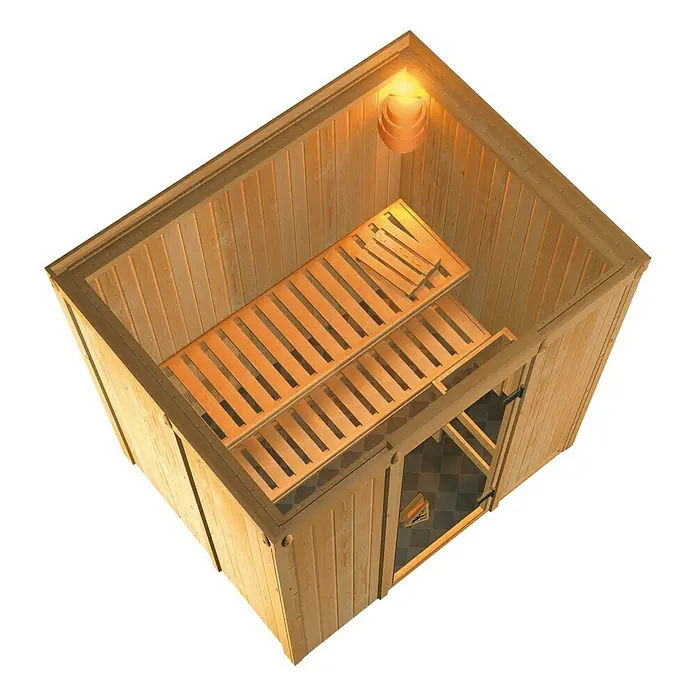 Karibu Elementsauna Fanja - Mit 3,6 kW Ofen mit integrierter Steuerung, Ohne Dachkranz, L x B x H: 196 x 151 x 192 cm - Eine helle Holzsauna mit Bänken und einer Lampe. Perfekt für Entspannung und Wellness zu Hause mit diesem hochwertigen Produkt.