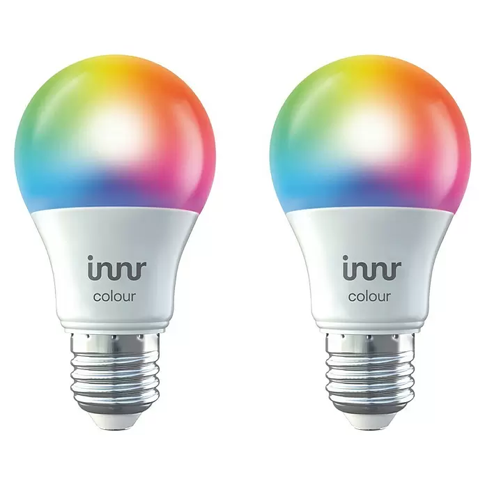 Innr Lighting Smart-LED-Lampe Bulb Colour - E27, Dimmbar, RGBW, 806 lm, 8,5 W, 2 Stk. - Zwei intelligente Innr Farblichtbirnen mit weißem Sockel und lebhaftem Regenbogen-Farbkopf, mit Standard-Einschraubsockel.