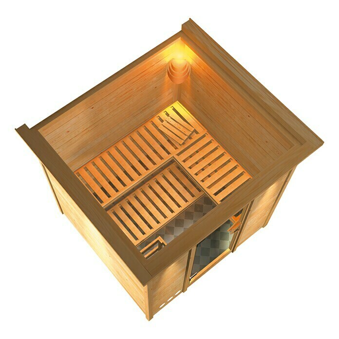 Karibu Massivholzsauna Mojave (Mit Sauna Bio-Ofen 9 kW inkl. Steuerung Easy, Mit Dachkranz und Beleuchtung, Massivholz, 184 x 193 x 208 cm)