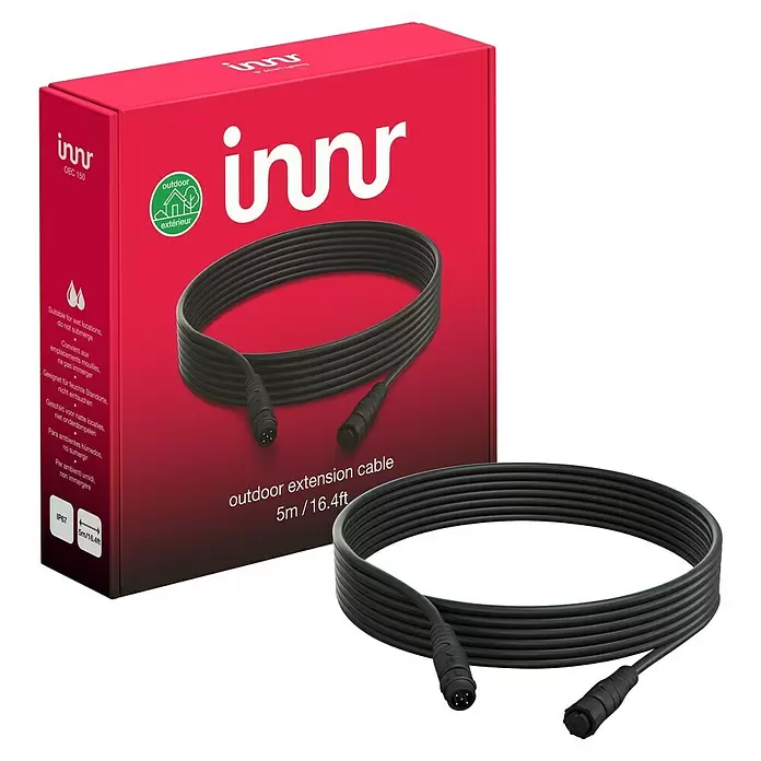 Innr Lighting Verlängerungskabel für 5-poligen Anschluss - 4 m, IP67 - Schwarzes Innr 5m/16,4ft Outdoor-Verlängerungskabel mit IP67-Schutzklasse, mit roter Verpackung.