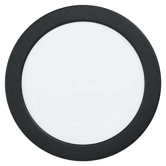 Eglo Fueva 6 Downlight empotrable LED redondo - 10 W, Ø x Al: 16,6 x 3,1 cm, Negro, 2.700 K - 6.500 K, IP20 - Primer plano de una lámpara de techo LED redonda con un borde negro y una superficie de iluminación blanca. El diseño es simple y moderno.