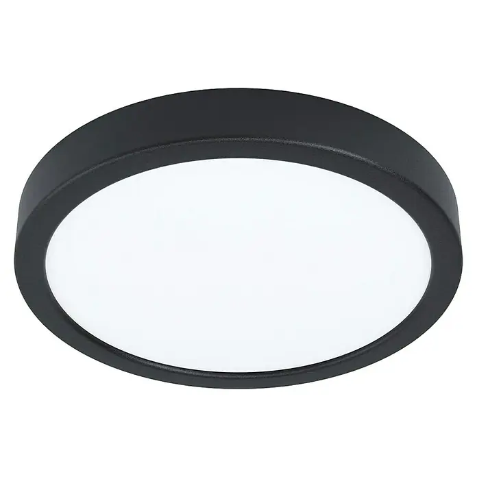 Eglo Fueva 6 Downlight empotrable LED redondo - 11,5 W, Ø x Al: 21 x 2 cm, Negro/Blanco, Blanco cálido - Primer plano de una lámpara de techo redonda con marco negro y difusor blanco sobre un fondo negro.