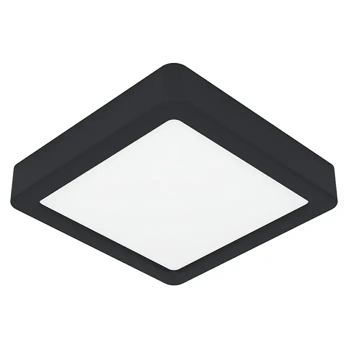 Eglo Fueva 6 Foco downlight de superficie LED - 7 W, L x An x Al: 15 x 15 x 2 cm, Negro, Blanco frío - Primer plano de una lámpara de techo LED negra cuadrada con una superficie de luz brillante y difusa, ideal para interiores modernos.