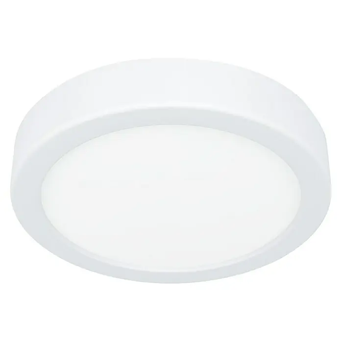 Eglo Fueva 6 Downlight LED empotrable - 7,5 W, Ø x Al: 16,5 x 2 cm, Blanco, Blanco cálido - Primer plano de una lámpara de techo redonda blanca con un diseño limpio y moderno, ideal para interiores con una paleta de colores neutra.