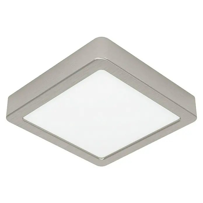 Eglo Fueva 6 Foco downlight de superficie LED - 7 W, L x An x Al: 15 x 15 x 2 cm, Bronce, Blanco frío - Primer plano de una lámpara de techo cuadrada con marco de níquel cepillado y difusor blanco sobre un fondo negro.