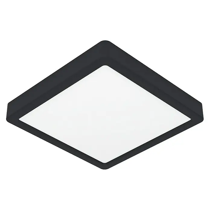 Eglo Fueva 6 Downlight LED empotrable - 10,5 W, L x An x Al: 22 x 22 x 2 cm, Negro, Blanco frío - Primer plano de una lámpara de techo LED cuadrada con marco negro y difusor blanco brillante, ideal para interiores modernos.