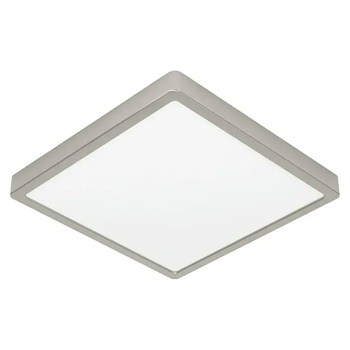 Eglo Fueva 6 Foco downlight de superficie LED - 13 W, L x An x Al: 29 x 29 x 2 cm, Níquel, Blanco frío - Primer plano de una lámpara de techo LED cuadrada con marco plateado sobre un fondo negro. Ideal para diseño interior moderno.