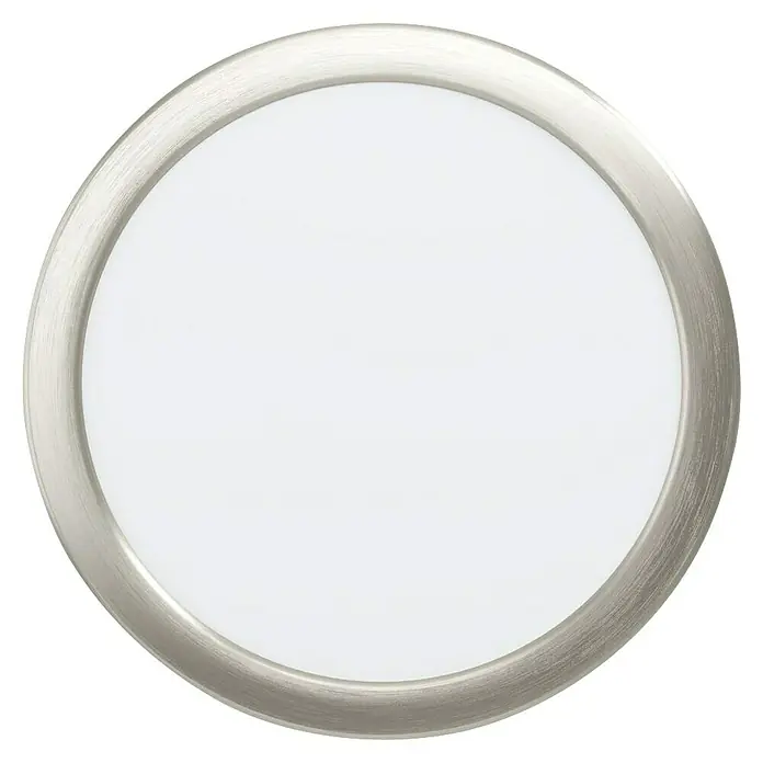 Eglo Fueva 6 Downlight empotrable LED redondo - 12 W, Ø x Al: 21,6 x 3,1 cm, Níquel, 2.700 K - 6.500 K, IP20 - Primer plano de una lámpara LED de techo redonda con marco de níquel cepillado y difusor blanco.