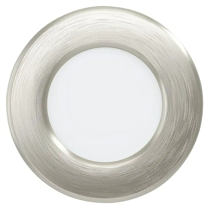 Eglo Fueva 6 Downlight empotrable LED redondo - 3,5 W, Ø x Al: 8,6 x 3,1 cm, Níquel, 2.700 K - 6.500 K, IP20 - Primer plano de una lámpara de techo LED redonda con acabado en níquel cepillado, que muestra un diseño moderno e iluminación de bajo consumo.