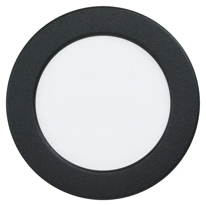 Eglo Fueva 6 Downlight empotrable LED redondo - 6 W, Ø x Al: 11,7 x 3,1 cm, Negro, 2.700 K - 6.500 K, IP20 - Primer plano de una luz empotrada redonda negra con una superficie iluminada blanca. El diseño es elegante y moderno, ideal para interiores.