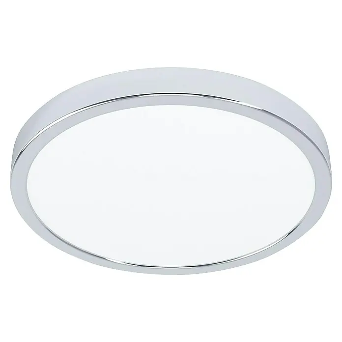 Eglo Fueva 6 LED-Panel rund - 14,2 W, Ø x H: 27,8 x 2,5 cm, Chrom, Warmweiß - Nahaufnahme einer runden LED-Deckenleuchte mit Chromrand, die modernes Design und Funktionalität vereint.