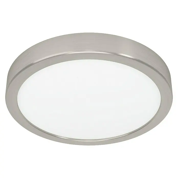 Eglo Fueva 6 Downlight empotrable LED redondo - 11,5 W, Ø x Al: 21 x 2 cm, Níquel, Blanco cálido - Primer plano de una lámpara de techo LED redonda con marco de níquel cepillado y cubierta blanca difusa, ideal para interiores modernos.